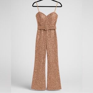 Rose Gold Sequin Belted Flare Leg Jumpsuit M Glam Disco Party NYE Holiday